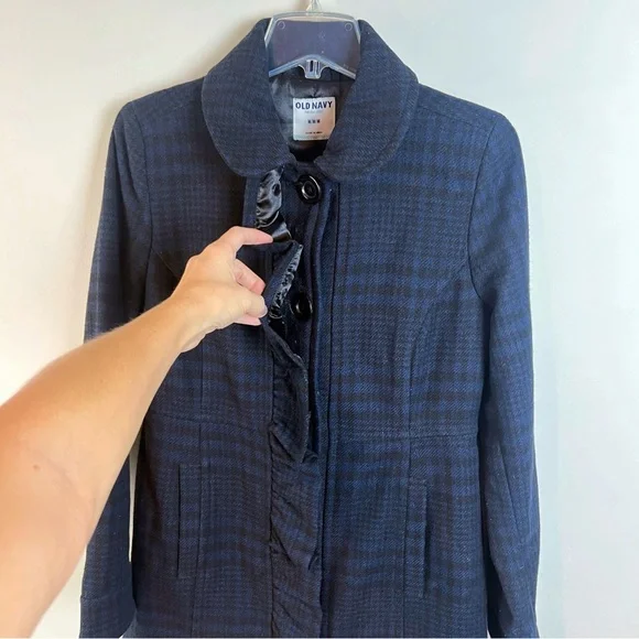 Old Navy Plaid Wool Blend Pea Coat Ruffle Medium Academia Pockets Navy Black - Picture 5 of 10